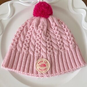 North Face Baby Pink Beanie with Pom-Pom - Born to Explore - Size XS